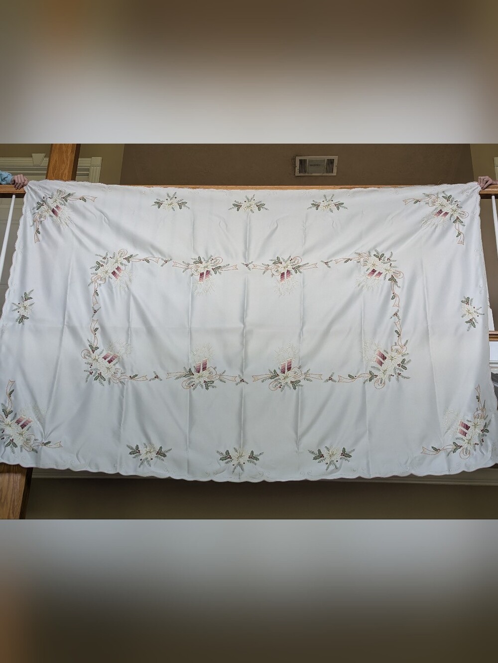 Embroidered White Christmas Tablecloth with Pink, Red & Green Accents
